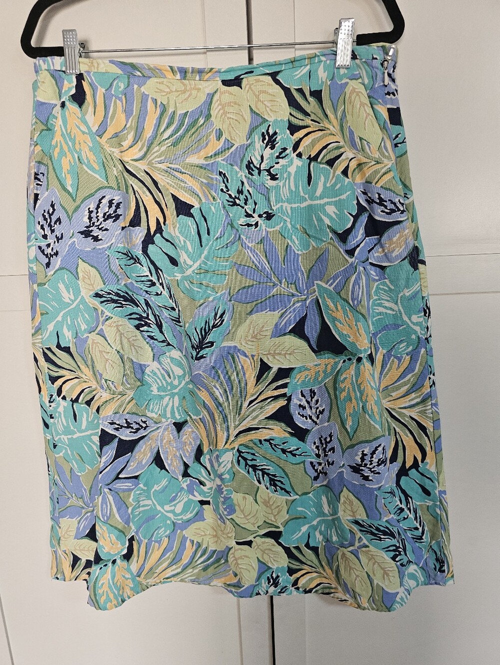 Vintage Talbots Linen Blend Tropical Floral Maxi A-Line Skirt Blue Green Size 12
